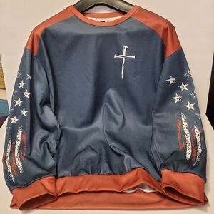 Navy and Rust Nails and Cross Graphic Sweatshirt with Stars and Stripes Design